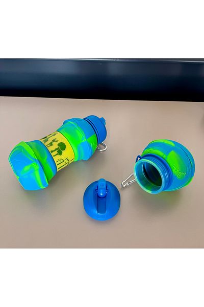 Two Two Kids-Students-Sports Schools 550ml Collapsible Silicone Safari Blue Water Bottle-Flask Keychain