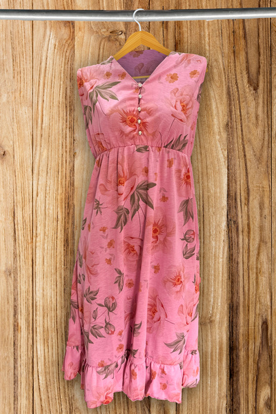 ERDENİZ TEKSTİL Kolsuz Kadın Gecelik / Çiçek Desenli ve Önü Düğmeli Elbise