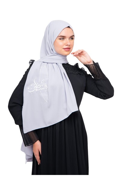 Zaytoon Сірий поліестерний шаль - карта Палестини та арабське слово з білою вишивкою S100016