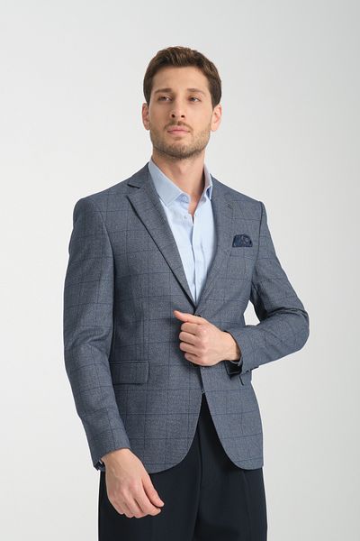 Frappoli Ανδρικό σκούρο μπλε καρό Mendes Slim Fit Mono Collar Sports Blazer Jacket