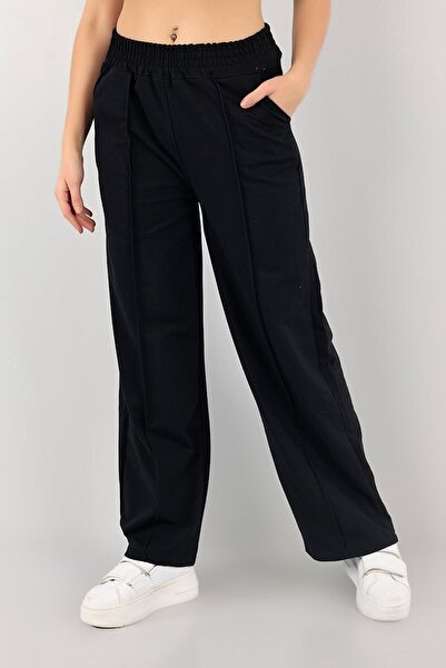 Sevgiyim Дамско долнище на дамски анцуг с черна трева и широки крачоли