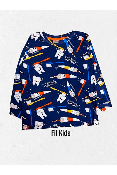 elmas kids Set de pijamale de iarnă cu mânecă lungă, 100% bumbac, albastru marin pentru băieți, cu model pentru periuță de dinți și pastă