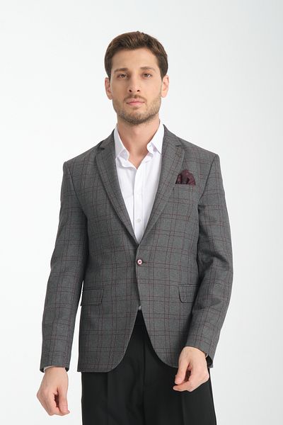 Frappoli Opera Ανδρικό Μαύρο - Μπορντό καρό Slim Fit Mono Collar Sports Blazer Jacket
