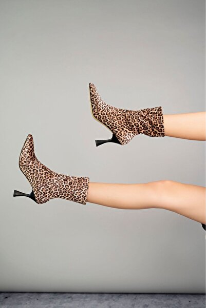MYDERİN SHOES Leopar Sivri Burun 9Cm Ökçeli Streç Bot Kadın Ayakkabı