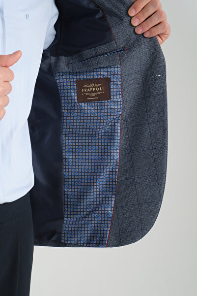 Frappoli Mendes Erkek Koyu Lacivert Ekose Slim Fit Mono Yaka Spor Blazer Ceket