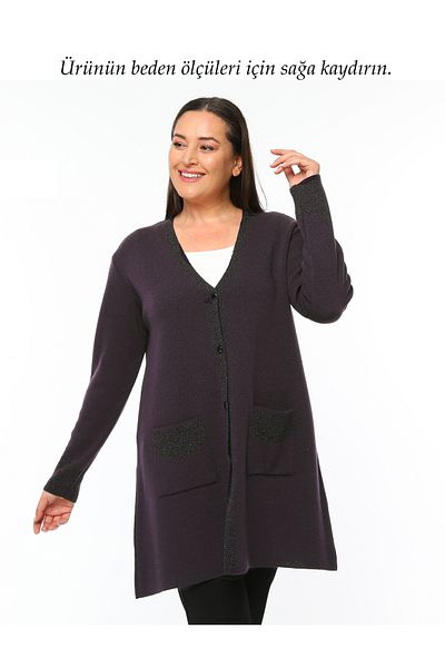 Laden Knitwear Women's Large Size Glitter Detailed Medium Thick Long Mother Soft Cardigan