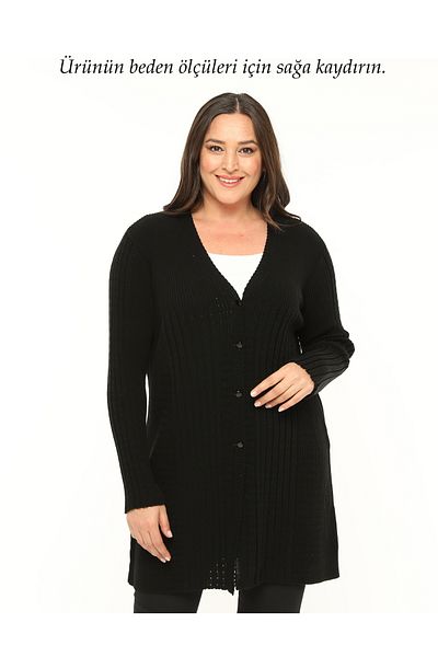 Laden Knitwear Large Size Women's Mother Long Soft Black Stretchy Cardigan