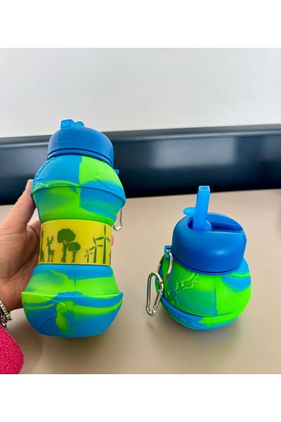 Two Two Kids-Students-Sports Schools 550ml Collapsible Silicone Safari Blue Water Bottle-Flask Keychain