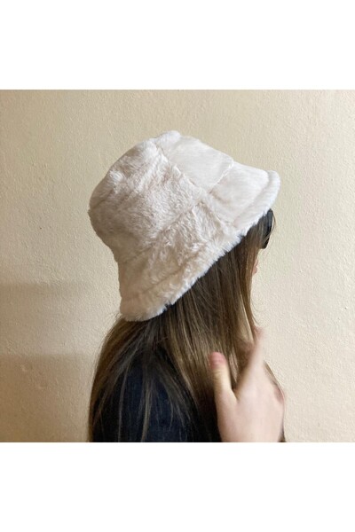 sema aksesuar Bej Renk Kışlık Peluş Bucket Şapka - Kova Şapka - Yeniyıl Yılba...