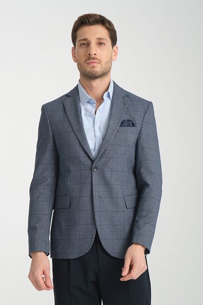 Frappoli Ανδρικό σκούρο μπλε καρό Mendes Slim Fit Mono Collar Sports Blazer Jacket