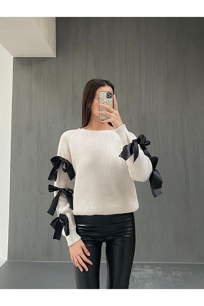 NİLZA Trendy Knitwear Sweater with Bow Ribbon Detail and Crew Neck