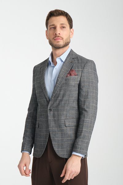 Frappoli Ανδρικό γκρι καρό Caswino Slim Fit Mono Collar Sports Blazer Jacket