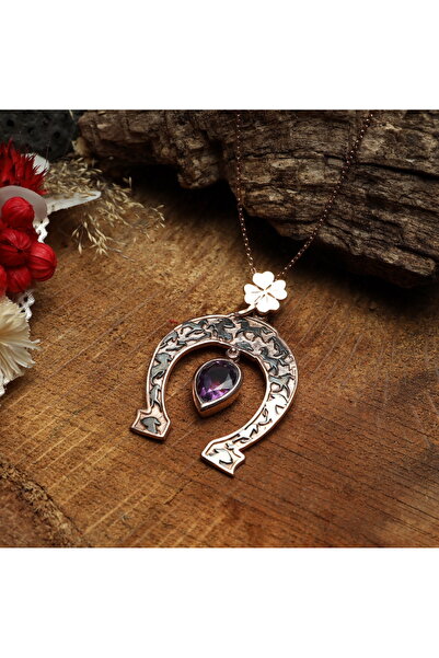 Sima Silver Gümüş Özel Tasarım Doğal Amatist Taşlı Nal Yonca Kolye Takı