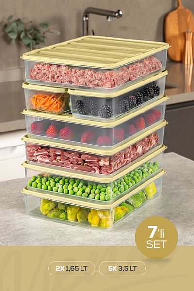 Vienev Set of 7 Yellow Refrigerator Freezer and Storage Containers - 5X3.5Lt/2X1.65Lt