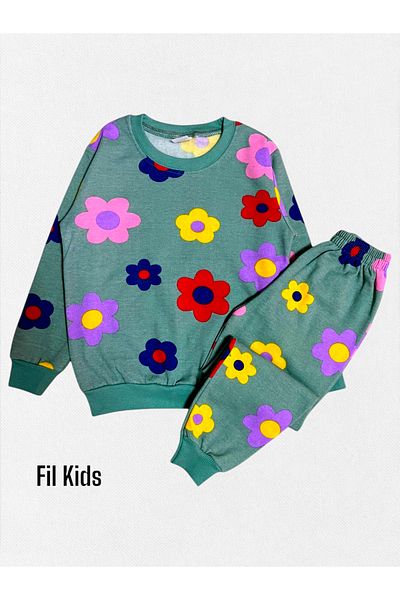 Fil Kids Set de pijamale cu mânecă lungă pentru fete, 100% bumbac, cu model de flori verzi