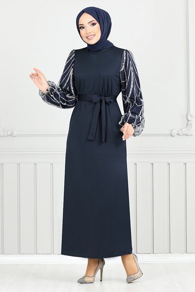 ModaMerve Silvery Sleeves Hijab Evening Dress 5601End900-M Navy