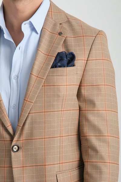Frappoli Marega Ανδρικό Μπέζ Καρό Slim Fit Μονοκορτινο Σπορ Μπλέιζερ Σακάκι