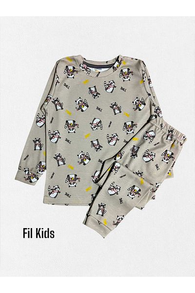 elmas kids Σετ χειμωνιάτικων πιτζάμες για κορίτσια από 100% βαμβακερό βιζόν με μακρυμάνικο σχέδιο ρακούν