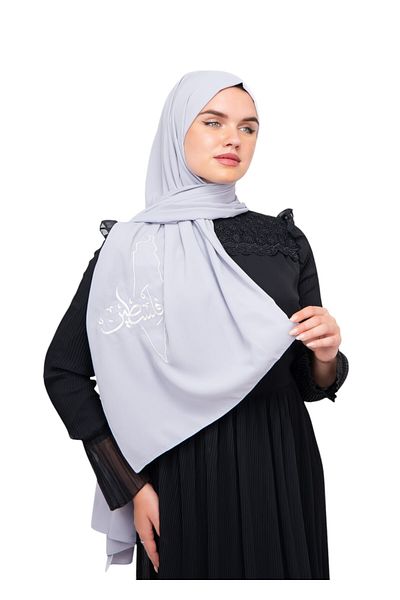 Zaytoon Gray Polyster Shawl - Palestinian Map and White Embroidered Arabic Word S 100016