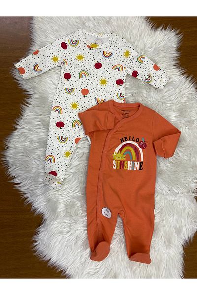 skycott Cotton 2-Piece Baby Romper with Booties - Bodysuit, Sun and Rainbow Pattern