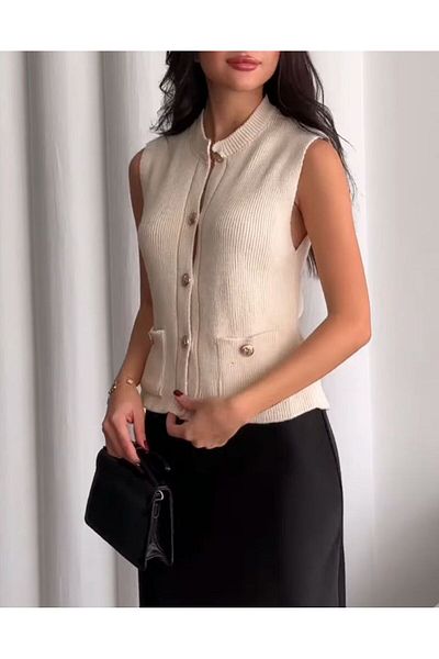 Chip Pepper Vest Metallized Button Straight Knitting Short Vest