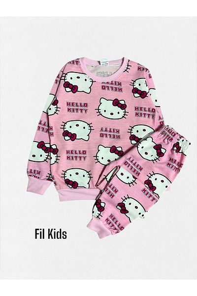 Fil Kids Girl's 100% Cotton Raster Hello Kity Print Pink Long Sleeve Pajamas Set