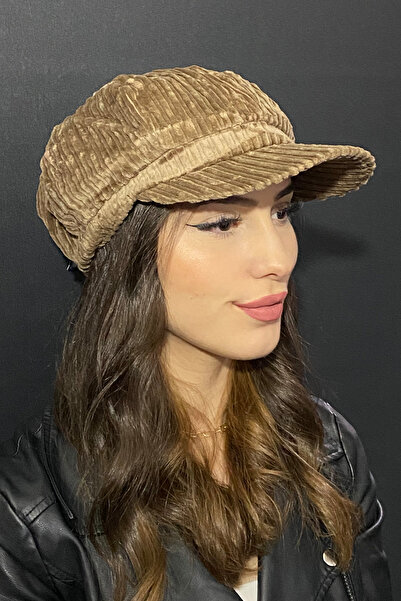 Bay Şapkacı Kadın Denizci Tipi Kadife Şapka Camel 1243