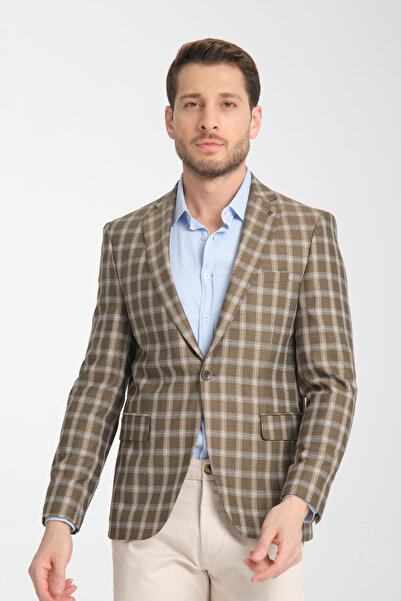 Frappoli Mario Erkek Bej Ekose Slim Fit Mono Yaka Spor Blazer Ceket
