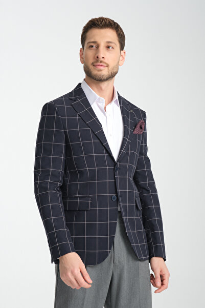Frappoli Girado Чоловічий темно-синій картатий блейзер зі струнким кроєм та монокоміром