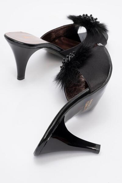 Ccway Papuci de damă cu toc din satin negru - Detaliu perlat cu pene