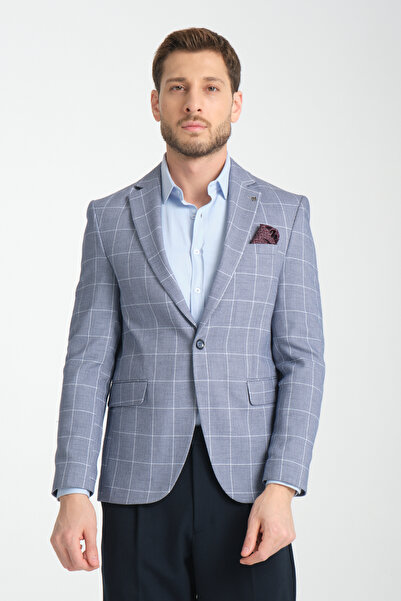 Frappoli Gonca Ekose Erkek Lacivert Mono Yaka Slim Fit Spor Blazer Ceket