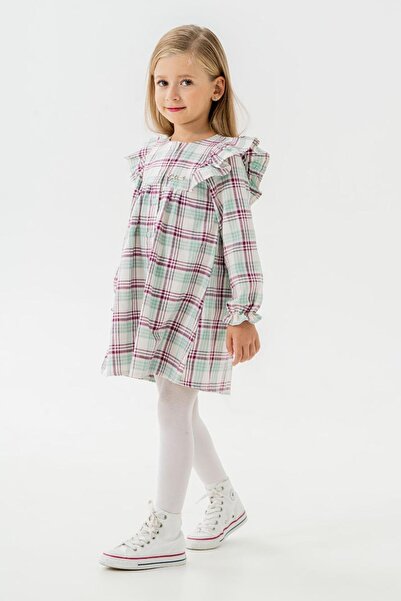 Minigimin Cicileri Πράσινο καρό βαμβακερό φόρεμα - Με λεπτομέρεια με μπούμπο και βολάν με κουμπιά για το κοριτσάκι μου