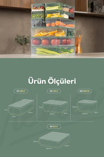 Vienev Green Refrigerator Freezer Organizer - Set of 18 Storage 12X350Ml 2X165Lt 2X175Lt 2X350Lt
