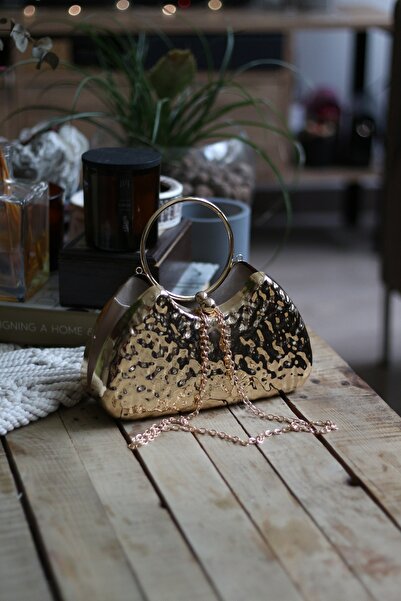 Moom Bag Pochetă de seară pentru rochie de seară cu textura ovală metalică cu textura de piatră aurie