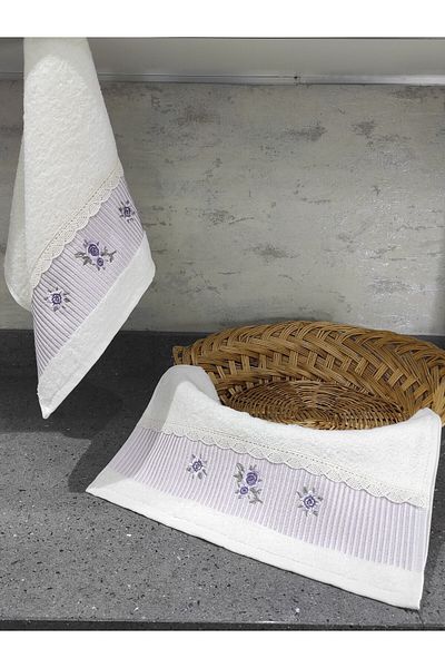 Sevim Set prosoape de bucătărie 100% bumbac și brodat - Set de 2 prosoape din dantelă - 40x60 cm - Liliac