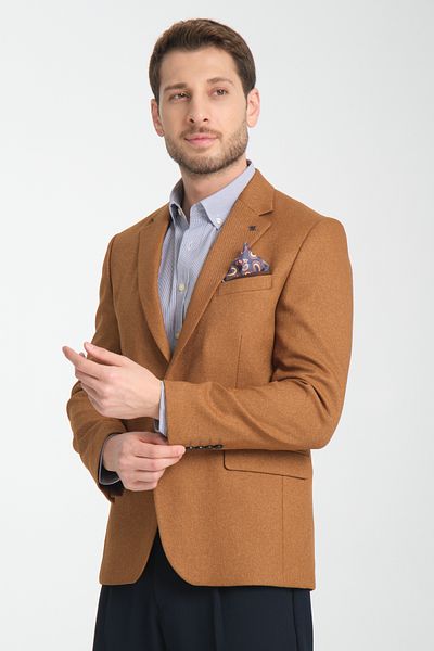 Frappoli Αθλητικό μπουφάν Fevual Ανδρικό Camel Mono Collar Diagonel με μοτίβο Slim Fit Blazer