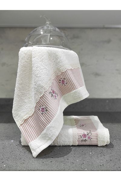 Sevim 100% Cotton & Embroidered Towel Set - 2-Piece Lace Kitchen Towel Set - 40X60 cm - Powder