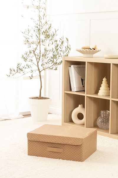 REKHOME صندوق تخزين قابل للطي منقوش بنمط متعرج باللون البيج مع غطاء داخل الخزانة ومنظم ألعاب الغسيل