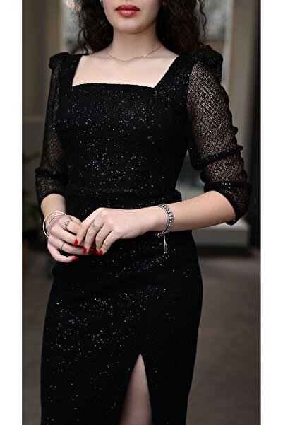 SevinçGüney Truvakar Kol Mini Payet Mesh Kumaş Midi Abiye