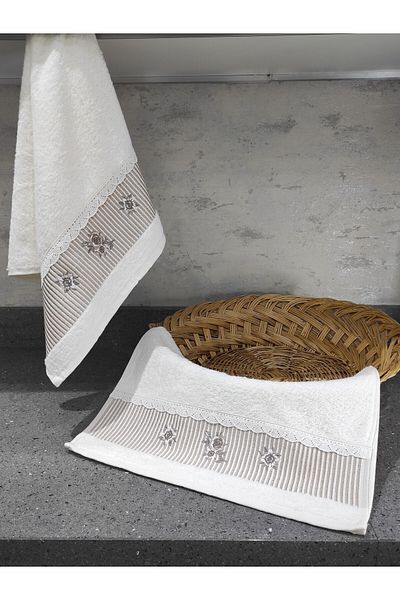 Sevim Set of 2 Embroidered Lace Towels - 100% Cotton - 40X60 cm - Cappuccino
