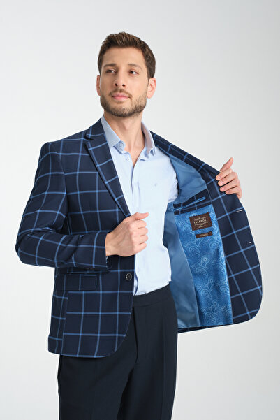 Frappoli Ekose Desenli Mono Yaka Slim Fit Blazer Tek Ceket