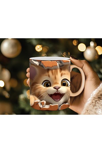 Evion Cute Cat Wall 3D Design Porcelain Mug - Gift Mug - Printed Mug