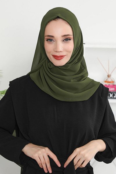 Aisha's Design شال شيفون عملي باللون الأخضر الكاكي - تصميم كلاسيكي، PS-11