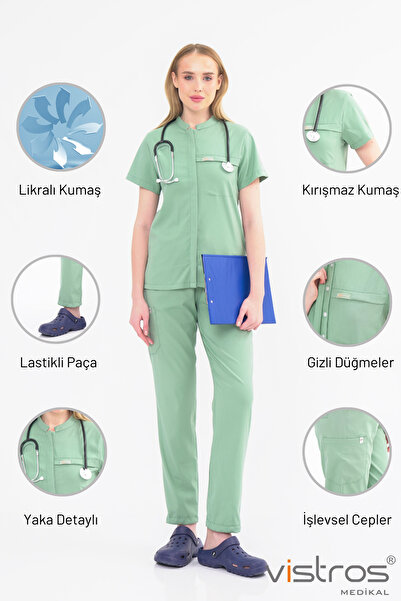 Vistros Medikal Premium Kumaş Gizli Cep Gizli Düğme Detaylı Likralı Scrubs He...