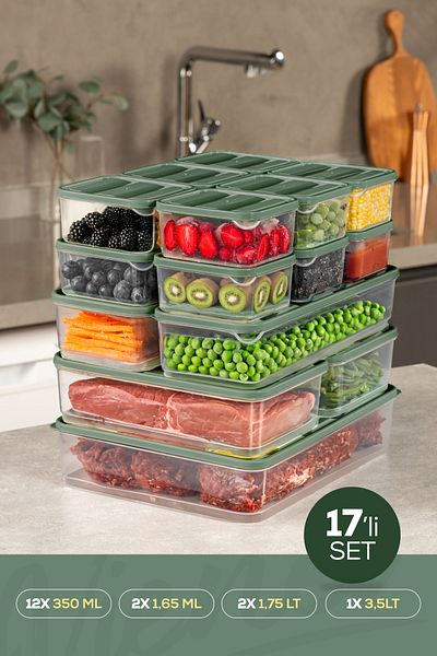 Vienev Green Refrigerator Freezer Organizer - Set of 17 12X350Ml 2X165Lt 2X175Lt 1X350Lt