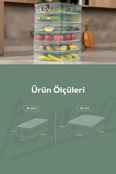 Vienev Set of 7 Green Fridge Freezer and Storage Containers - 5X(3.5Lt) 2X(1.65Lt)