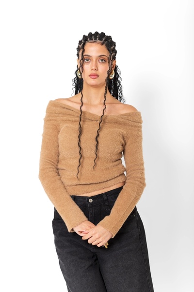 Bak Moda Beige Plush Bodysuit with Open Shoulder