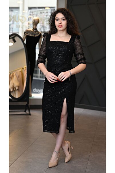 SevinçGüney Truvakar Kol Mini Payet Mesh Kumaş Midi Abiye