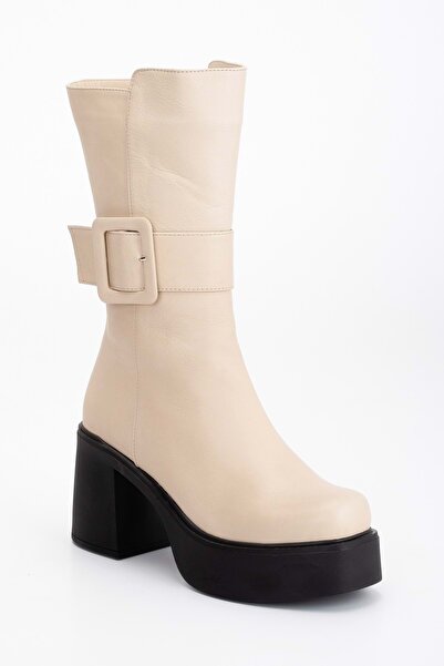 ANALİN SHOES Kadın Hakiki Deri Tokalı Platformlu Kalın Topuklu Çizme - Bej