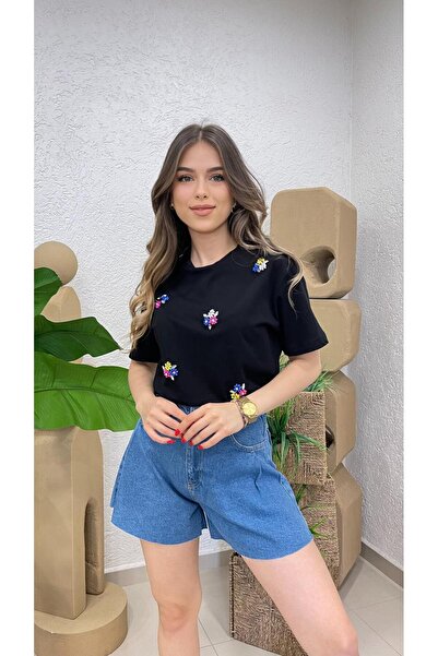 MODA تي شيرت نسائي بأكمام قصيرة مرصع بالأحجار